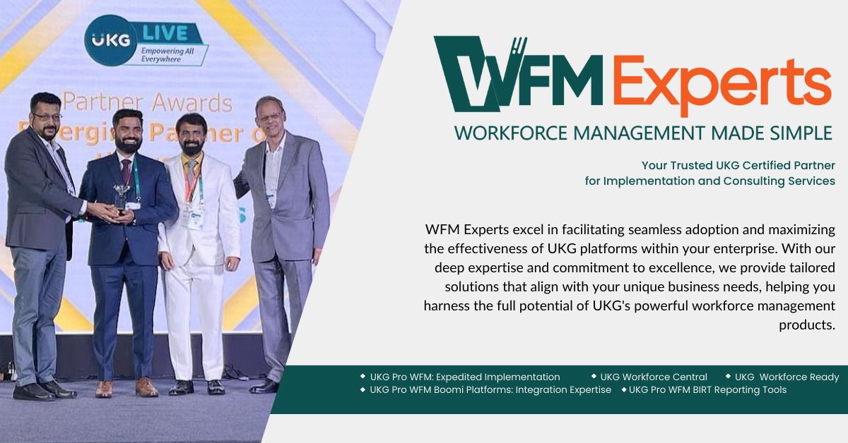 WFM Experts team receiving the UKG Emerging Partner Award and overview of implementation and consulting expertise
